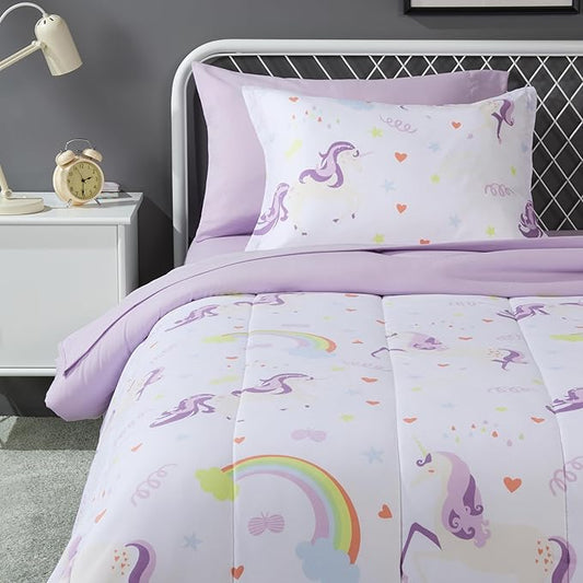 Amazon Basics Microfiber Kid's Bed-in-a-Bag 5 Piece Comforter Bedding Set, Twin, Unicorn Print
