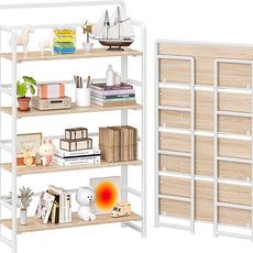 4NM No Assembly Extra Wide 4 Tiers Folding Bookshelf Storage Shelves Vintage Bookcase Standing Racks Study Organizer Home Office (Natural White)