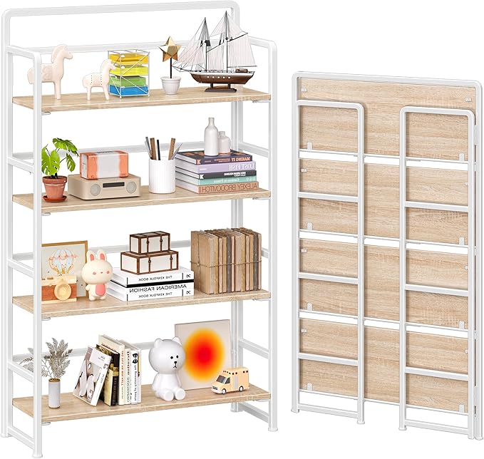 4NM No Assembly Extra Wide 4 Tiers Folding Bookshelf Storage Shelves Vintage Bookcase Standing Racks Study Organizer Home Office (Natural White)