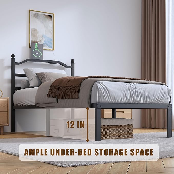 Twin Size Bed Frame - 14 Inch Metal Heavy Duty Bedframe with Charging Station Black Basic Steel Slats Platform with Headboard No Box Spring Needed/Easy Assembly