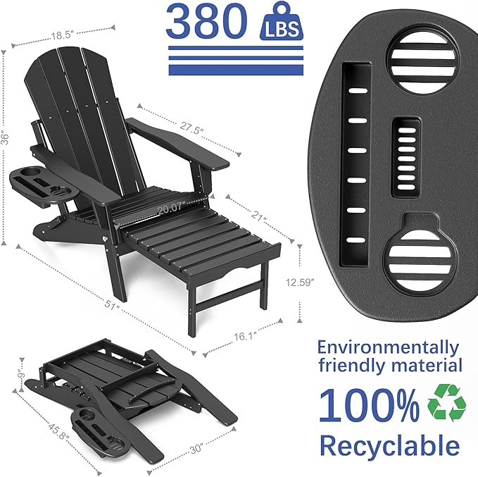 FOOWIN Adirondack Chair with Retractable Ottoman,HDPE Folding Adjustable Adirondack Chair w/4 in 1 Cup Holder Trays,All-Weather Resistant Fire Pit Chair for Outdoor Patio Lawn Set of 6