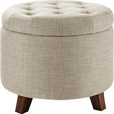 Amazon Basics Round Linen Ottoman with Storage, Tufted Upholstered Footstool for Living Room and Bedroom, 20
