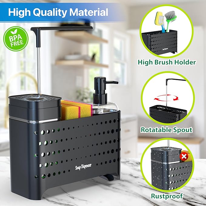 YAN & HIN Dish soap Dispenser with Sponge Holder, 5-in-1 High Brush Holder with Hand Soap & Dish Soap Dispensers - Perfect Kitchen Soap Dispenser Set, Includes Sponge, Dishcloth Bar