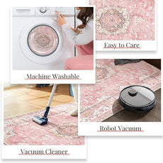 9'x12' Area Rugs Washable,Large Pink Rug for Living Room Bedroom Dining Room,Boho Vintage Bohemian Distressed Oriental Carpet Non Slip,Blush Floral Flowers