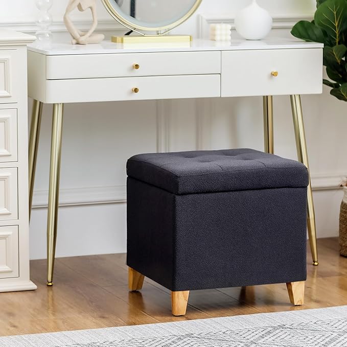 Fabric Storage Ottoman with Hinged Lid, Square Foot Rest Stool Tufted Cube Footstool, Dark Gray