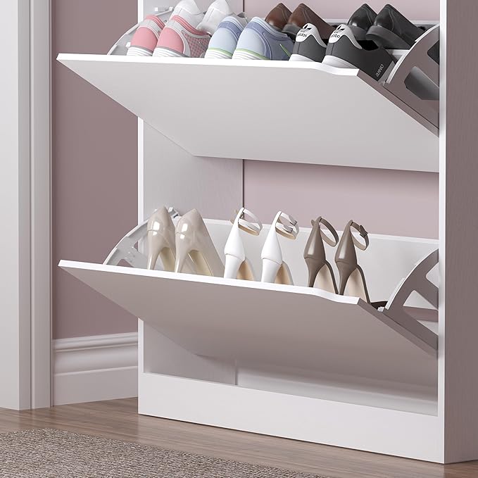 Shoe Cabinet with 3 Flip Drawers & Coat Rack, Narrow Hidden Shoe Storage Cabinet, 2-in-1 Hall Tree Slim Freestanding Shoe Rack Organizer for Entryway, Hallway, and Living Room