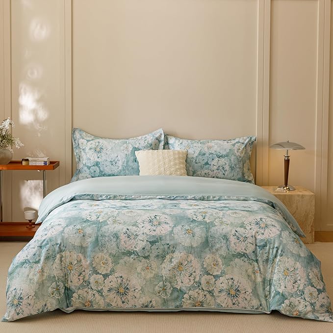 HeimenAogo Egyptian Cotton Duvet Cover California King Sateen Weave, Silky Soft Duvet Cover with Zipper Closure, Long Staple Cotton Comforter Cover Watercolor Floral 3 Pcs