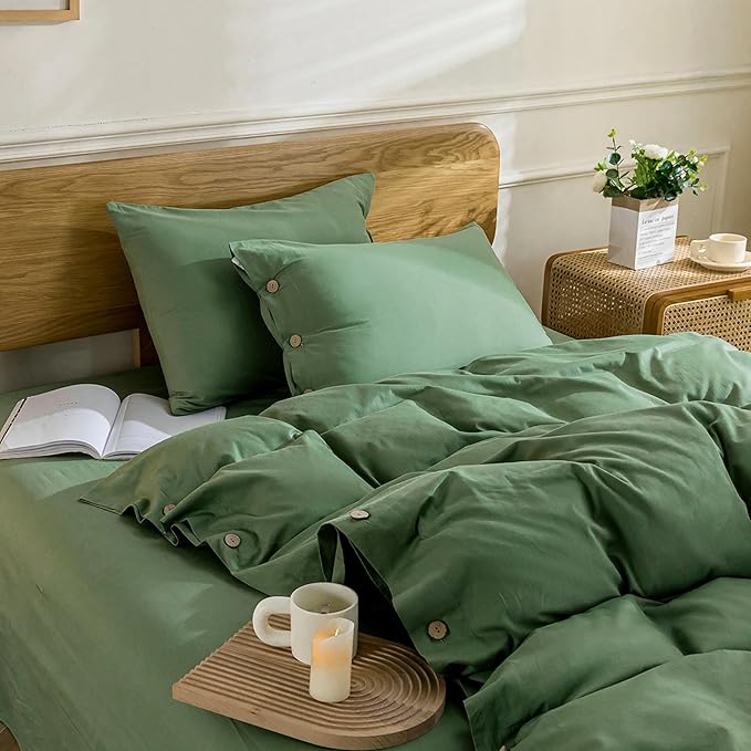 JELLYMONI Cotton Duvet Cover Twin Size - Green Comforter Cover with Button 100% Washed Cotton 2PCS Breathable Soft Solid Bedding Set Duvet Cover 68×90in & 1 Pillowcase (NO Comforter)