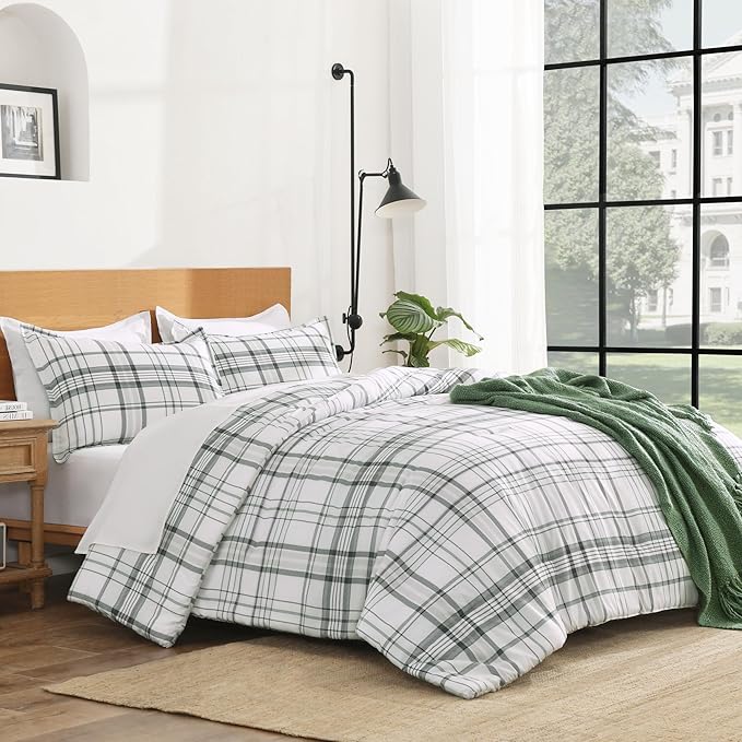 Andency Green White Plaid Comforter Set Twin(66x90 Inch), 2 Pieces Preppy Grid Gingham Stripes Bedding Comforter Sets for Boys Girls Kids, Green Line Soft Lightweight Geometric Reversible Bed Set