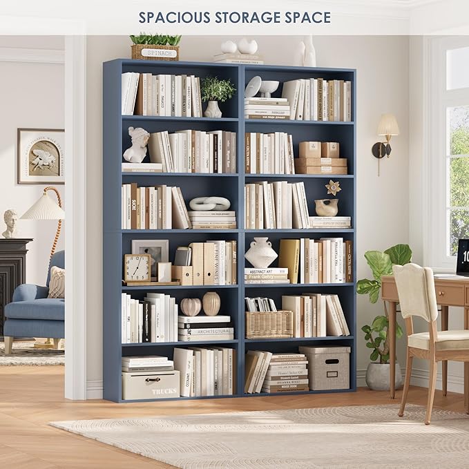 FOTOSOK 6-Tier Open Bookcase and Bookshelf, Freestanding Display Storage Shelves Tall Bookcase for Bedroom, Living Room and Office, Blue
