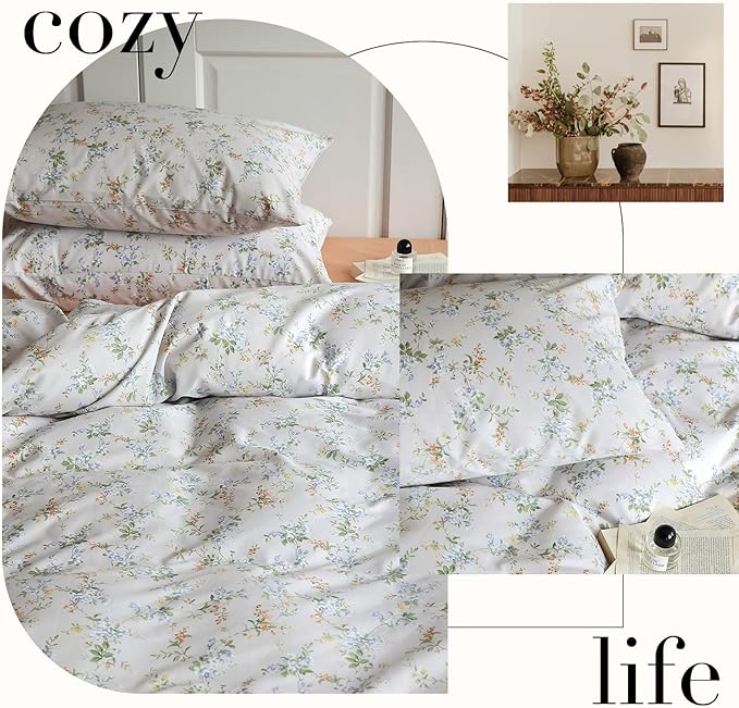 HighBuy Garden Style Floral Duvet Cover Twin Chic Yellow Blue Floral Botanical Bedding Set Twin Cozy Cotton Flower Botanical Comforter Cover 2 Pillowcases Aesthetic Floral Duvet Cover Set
