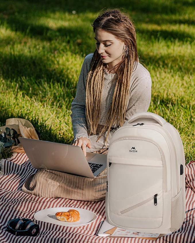 MATEIN Laptop Backpack Women Large Capacity, Travel Backpack TSA Approved with Luggage Strap & USB Port, Water Resistant Teacher College Bookbag Fits 17 Inch Computer, Stylish Beige Work Daypack