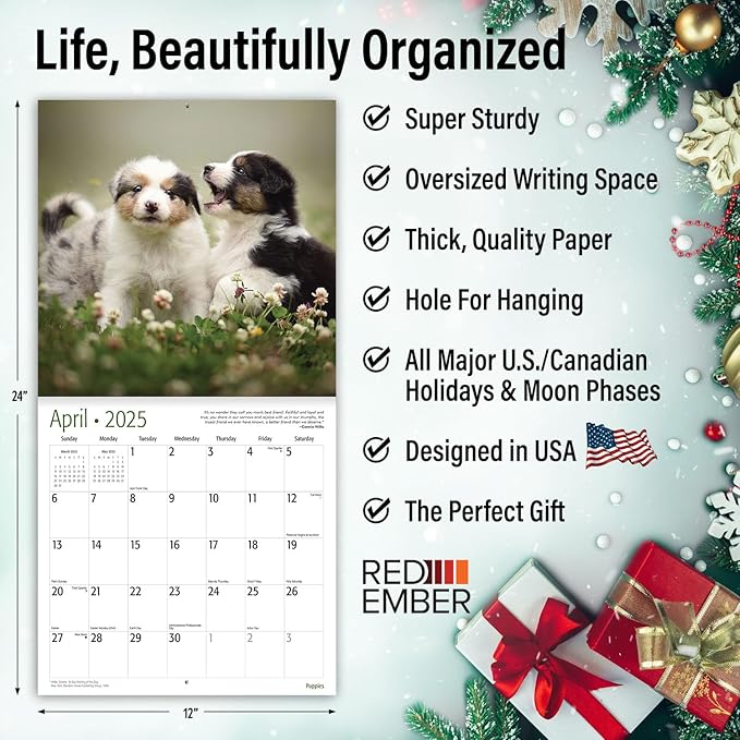 RED EMBER Puppies 2025 Wall Calendar 12 Month | 12" x 24" Open | Thick & Sturdy Paper | Giftable | Dog Calendar 2025