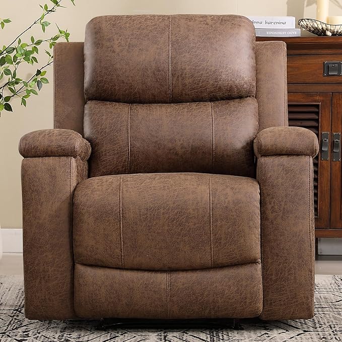 CANMOV Leather Recliner Chair Set of 2, Classic and Traditional Manual Recliner Chair with Overstuffed Arms and Back, Manual Single Sofa with Concealed Cup Holders,Nut Brown