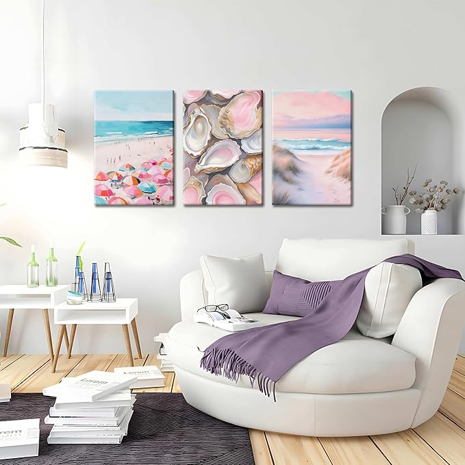 Preppy Coastal Canvas Wall Art Set of 3, Trendy Pink Beach Wall Decor Paintings, Summer Beachy Shells Oyster Aesthetic Posters Prints Pictures for Girls Room Dorm Bathroom Bedroom 12x16 Inch Framed