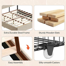 WLIVE King Size Upholstered Bed Frame with 4 Storage Drawers and Headboard, Velvet Platform Bedframe, Sturdy Metal & Wooden Slats Support, No Box Spring Needed, Easy Assembly, Beige