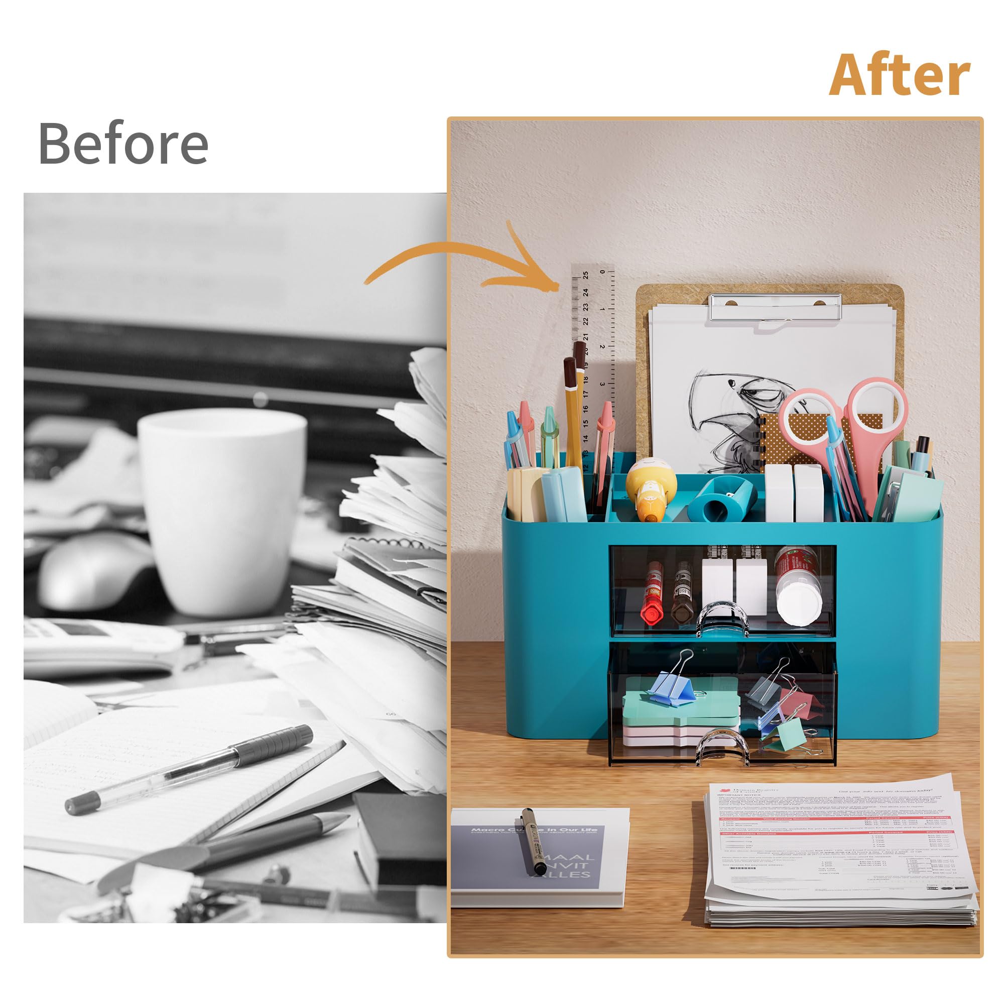 Marbrasse Pen Organizer with 2 Drawer, Multi-Functional Pencil Holder for Desk, Desk Organizers and Accessories with 5 Compartments + Drawer for Office Art Supplies (Blue) Dormly