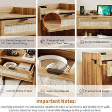 Rattan Nightstand Set of 2, Bedside Table with Type-C Charging Station - 1 Drawer & Open Storage Space, Boho End Table Side Table for Bedroom, Large Rattan Night Stand with Charging Port
