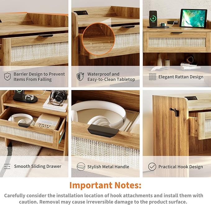 Rattan Nightstand Set of 2, Bedside Table with Type-C Charging Station - 1 Drawer & Open Storage Space, Boho End Table Side Table for Bedroom, Large Rattan Night Stand with Charging Port
