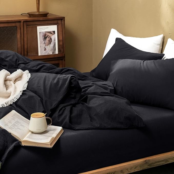 FOSSA Duvet Cover Set 100% Washed Cotton Linen Feel Super Soft Breathable Cozy 3 Pieces Bedding Sets Solid Black Super King