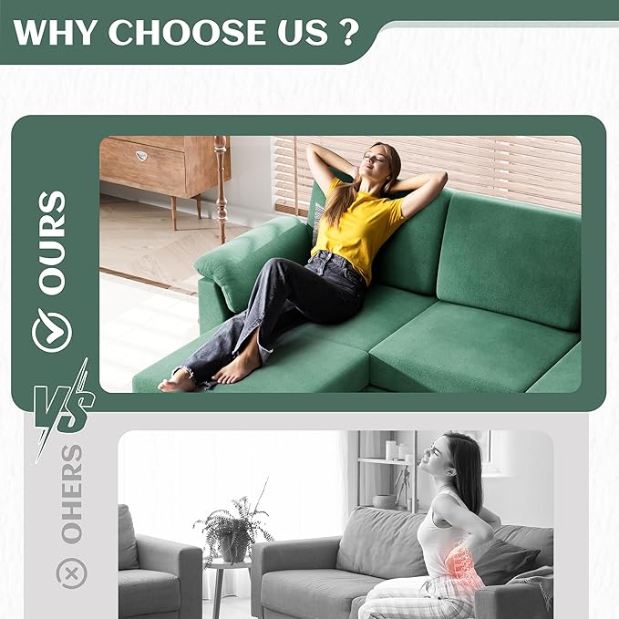 Vongrasig Convertible Sectional Couch, 3 Seat L Shaped Sofa with Removable Pillows Linen Fabric Small Modern Couch Mid Century for Living Room, Apartment and Office, Green