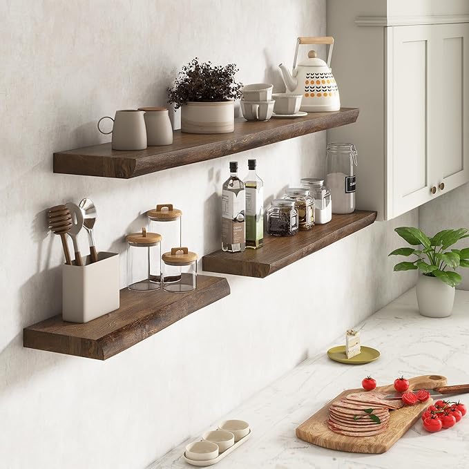 Live Edge Elm Floating Shelves for Wall Decor, Rustic Solid Wood Shevles Wall Mounted with Invisible Bracket for Living Room Bathroom Bedroom Kitchen, 36 Inch Set of 2, Walnut