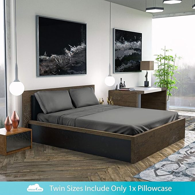 DREAMCARE Twin XL Sheet Sets – 3pcs Cooling Sheets – up to 15” Deep Pocket Twin XL Sheets Set – Hotel Luxury Sheets & Pillowcases – Superior Softness 100% Fine Microfiber with Side Pocket – Dark Gray DREAMCARE