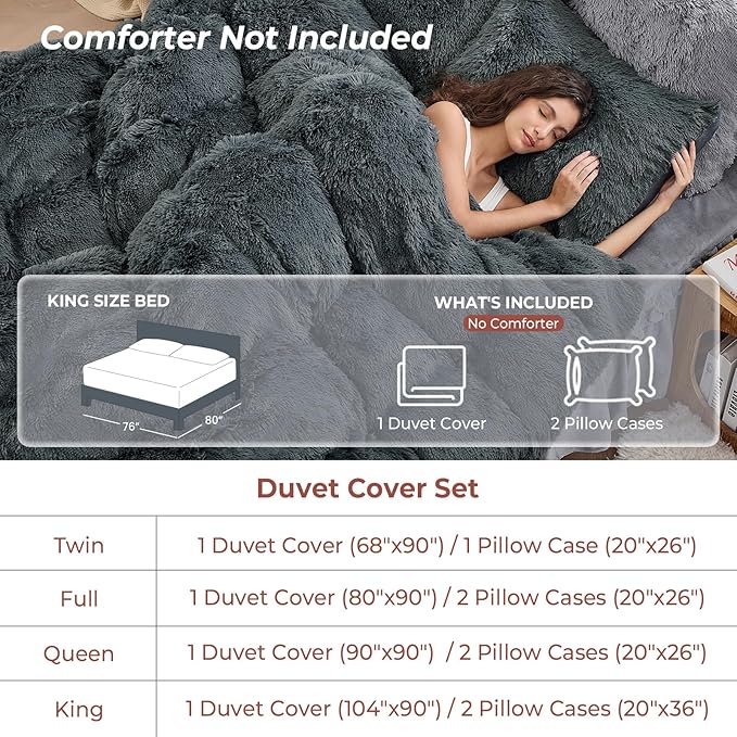 Sasttie 3-Piece Fluffy Duvet Cover King, Ultra Soft Faux Fur and Velvet Grey Comforter Cover, Luxury Fuzzy Bedding Sets for Winter Bed, Includes 1 Duvet Cover and 2 Pillowcases, No Comforter