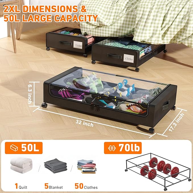 Under Bed Storage with Wheels, 4-Pack Under Bed Storage Containers with Clear Lids, XXL 60L Under the bed storage Organizer Bins, Rolling Under Bed Metal Drawer for Clothes,Shoes,Toys (Black)