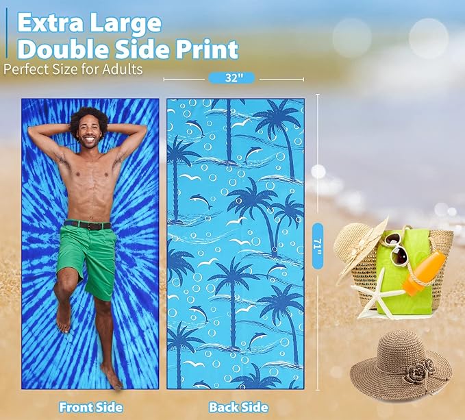 TwoYek Microfiber Thin Beach Towel Lightweight Oversized 71x32 Extra Large Sand Free Towels Quick Dry for Travel Pool Camping Sports Beach Accessories Vacation Essential Gift Blue Tie Dye