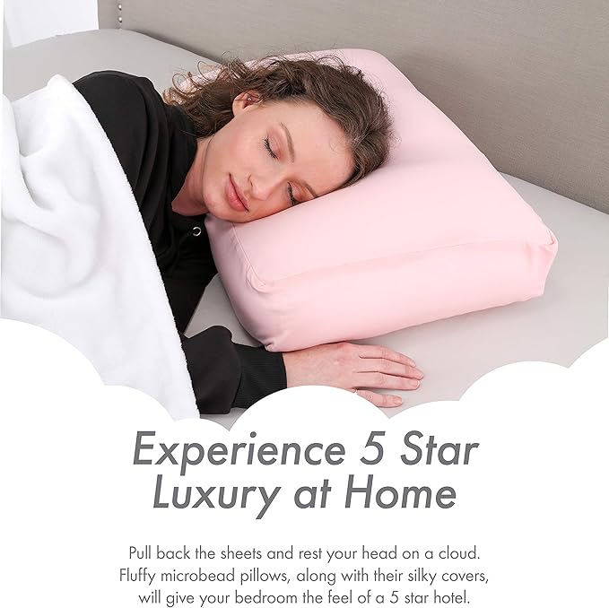 PILLOWY Premium Microbead Bed Pillow, X-Large Extra Fluffy But Supportive - Ultra Comfortable Sleep with Silk Like Anti Aging Cover 85% Spandex/ 15% Nylon Breathable, Cooling Cream Peach