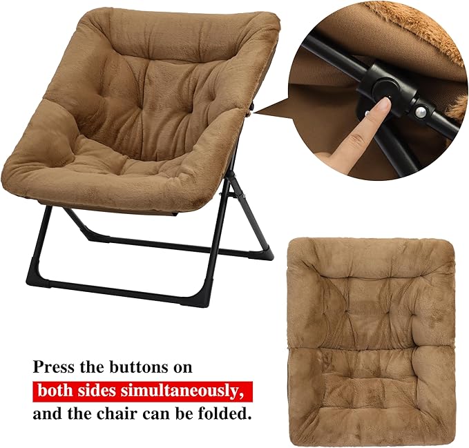 Comfy Saucer Chair for Adults, Soft Faux Fur Bedroom Chair, Accent Dorm Chairs, Flexible Living Room Reading Chairs, Oversized Folding Lounge Seat for Teens, X-Large, Brown