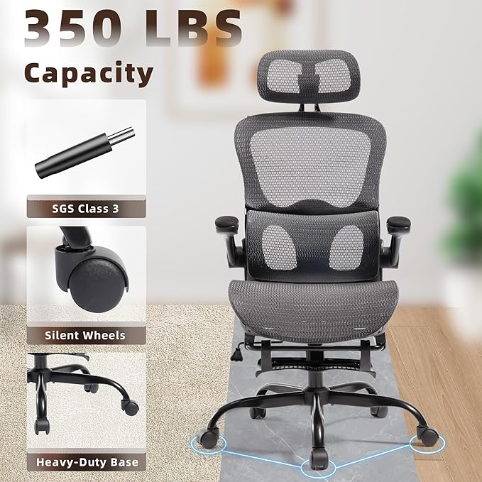 Ergonomic Office Chair, Adjustable High Back Desk Chair with Headrest Footrest 2D Lumbar Support - Executive Breathable Mesh Comfy Swivel Rolling Reclining Computer Task Chairs for Home Office Gaming