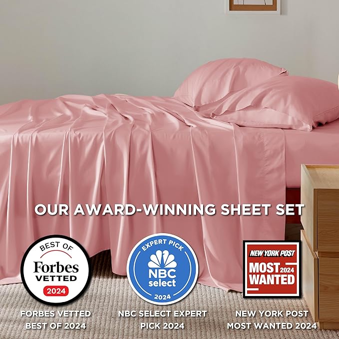 Bedsure Queen Sheet Set, Rayon Derived from Bamboo, Cooling Sheets, Breathable & Soft, Deep Pocket Up to 16 Inches, Hotel Luxury Silky Bedding for Hot Sleepers, Blush Pink