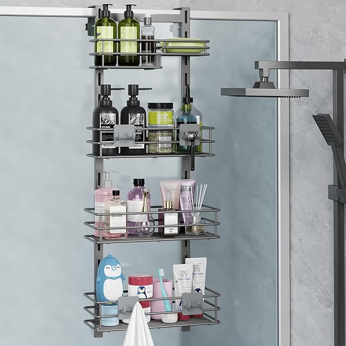 Orimade Over The Door Shower Caddy Adjustable 4 Tier Dark Grey,Bathroom Hanging Organizer Shelf Rustproof with 4 Hooks,Shower Basket with Soap Holder and Suction Cup