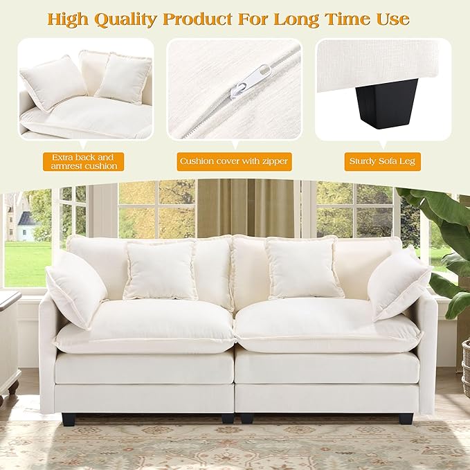 77.6" Modular Sectional Sofa,Loveseat Couch for Living Room, Modern Deep Seat Sofa 2 Seater Chenille Fabric Comfy Cloud Couches with Throw Pillows for Apartment,Small Spaces
