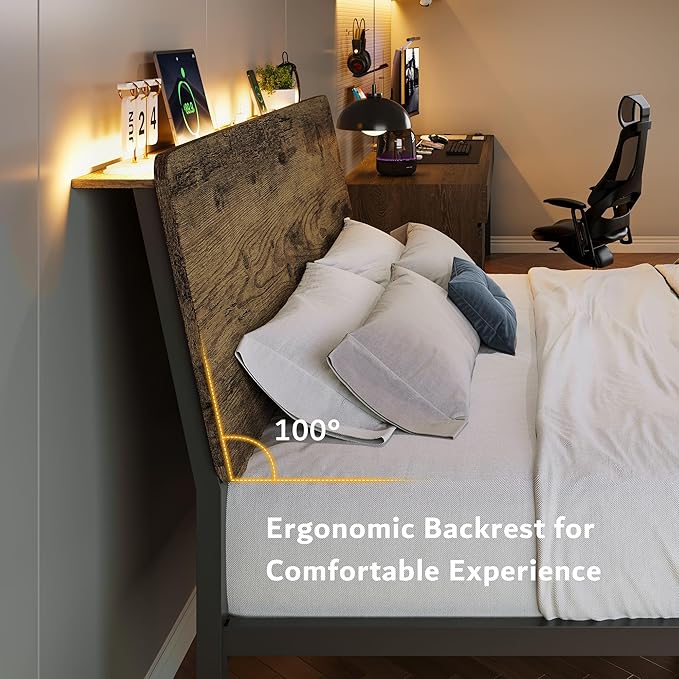 iPormis Full Size Metal Bed Frame with LED Lights & Charging Station, Platform Bed with Ergonomic Storage Headboard, Steel Slats Supports, No Box Spring Needed, Noise-Free, Easy Assembly, Rustic