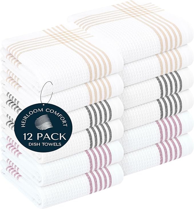 Multi White Kitchen Towels 12 Pack, 16x26 Inch, 100% Cotton Waffle Weave, Super Absorbent, Quick Dry, Reusable Dish Towels for Cleaning, Drying, Cooking, Beige, Black, Burgundy Wine