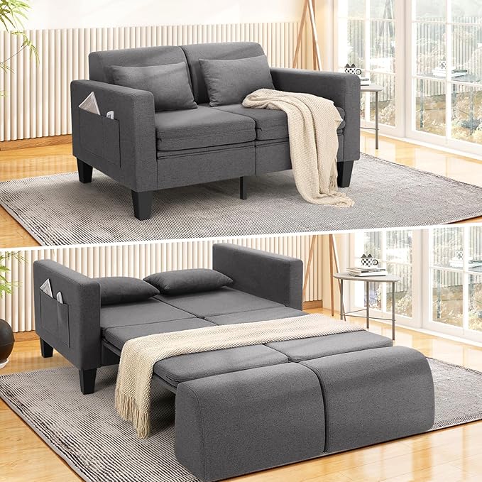 SEJOV 6-in-1 Convertible Sofa Bed, 58" Loveseat Sleeper Sofas with Pull Out Couch Bed, Removable Backrest, Storage Pockets and 2 Pillows, Modern Folding Linen Futon Couch for Small Spaces, Gray