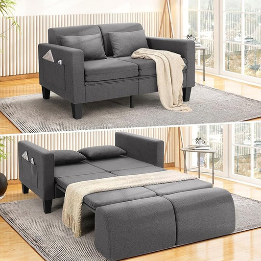 SEJOV 6-in-1 Convertible Sofa Bed, 58" Loveseat Sleeper Sofas with Pull Out Couch Bed, Removable Backrest, Storage Pockets and 2 Pillows, Modern Folding Linen Futon Couch for Small Spaces, Gray