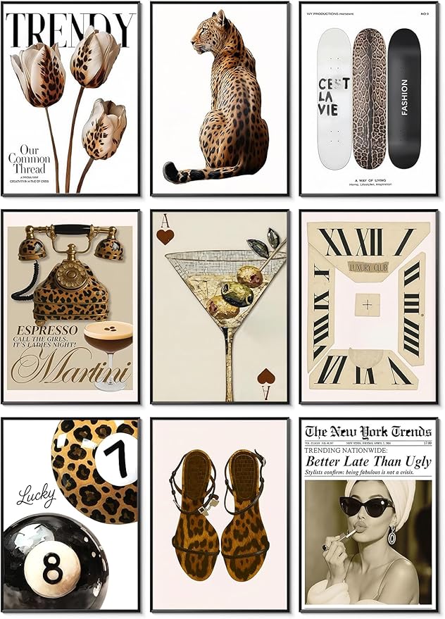 Trendy Leopard Wall Art Set of 9, Aesthetic Cheetah Wall Decor Paintings,Fashion Leopard Y2k Preppy Cheetah Posters Prints Pictures for Apartment Dorm Living Room Home Decor 8x10 Inch Unframed