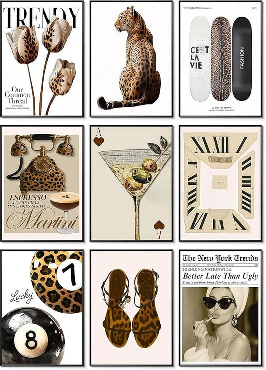 Trendy Leopard Wall Art Set of 9, Aesthetic Cheetah Wall Decor Paintings,Fashion Leopard Y2k Preppy Cheetah Posters Prints Pictures for Apartment Dorm Living Room Home Decor 8x10 Inch Unframed