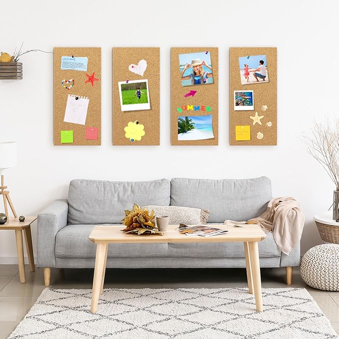 TUPARKA 4 Pack Cork Board Bulletin Boards 17"x8" - 1/4" Self-Adhesive Corkboards for Wall with 100 Push Pins, Square Cork Tiles for Home, School, Office Decorative