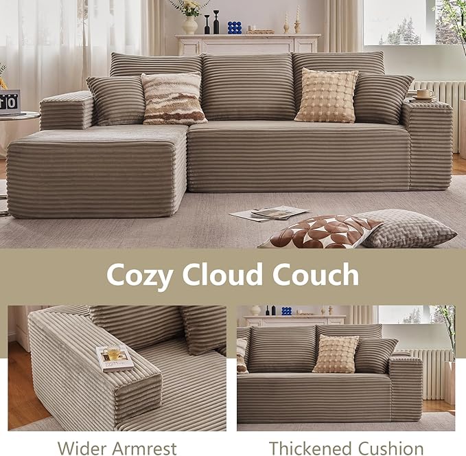 107" Cloud Sectional Couch with L-Shape Chaise, Modern Modular Comfy Sofa with Deep Seat, Upholstered Corduroy Couches Sleeper Chaise Longue for Living Room Bedroom, No Assembly Required, Camel