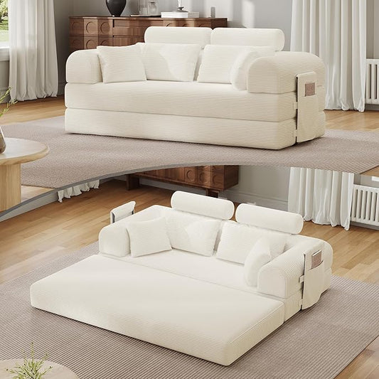 Upgrade High Backrest Design Sofa Bed with Fixed-Shape Frame & Removable Armrests and Backrest, Corduroy Fabric, Convertible Mattress Couch for Small Spaces - No Assembly Neede (High Backrest Beige)