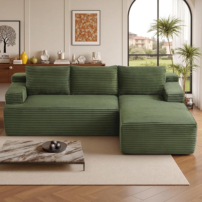 96''Sectional Couches for Living Room Modern Modular Sectional Sofa Upholstered Boneless Couch Comfy Cloud Couch with Chaise (Green, 96''W Right Facing Chaise)