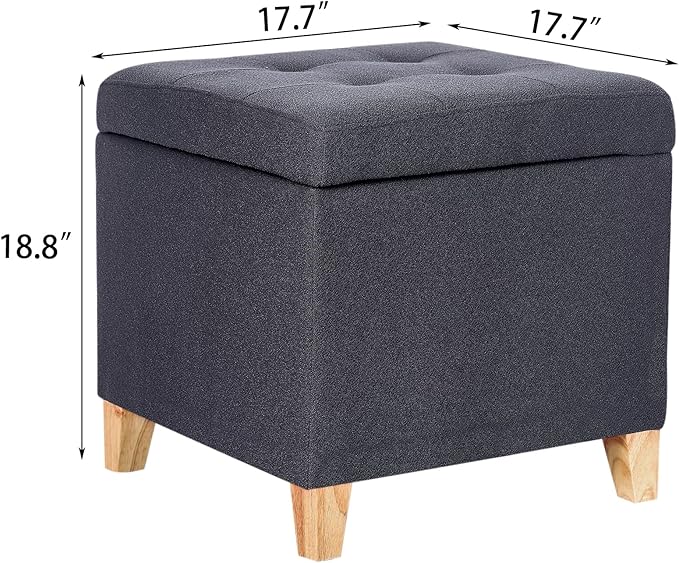 Fabric Storage Ottoman with Hinged Lid, Square Foot Rest Stool Tufted Cube Footstool, Dark Gray