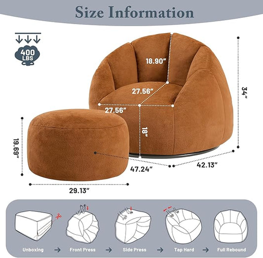 Giant Bean Bag Swivel Chair for Adults with Ottoman - Comfy Plush Round Shell Soft Accent Chaise Lounge Indoor Chair, Oversized Cozy Floor Sofa for Living Room Game Rooms, Orange