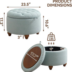 24Inch Round Storage Ottoman with Tray, Modern Tufted Fabric Circle Coffee Table with Storage, Upholstered Ottoman with Removable Top for Living Room, Bedroom, Light Blue
