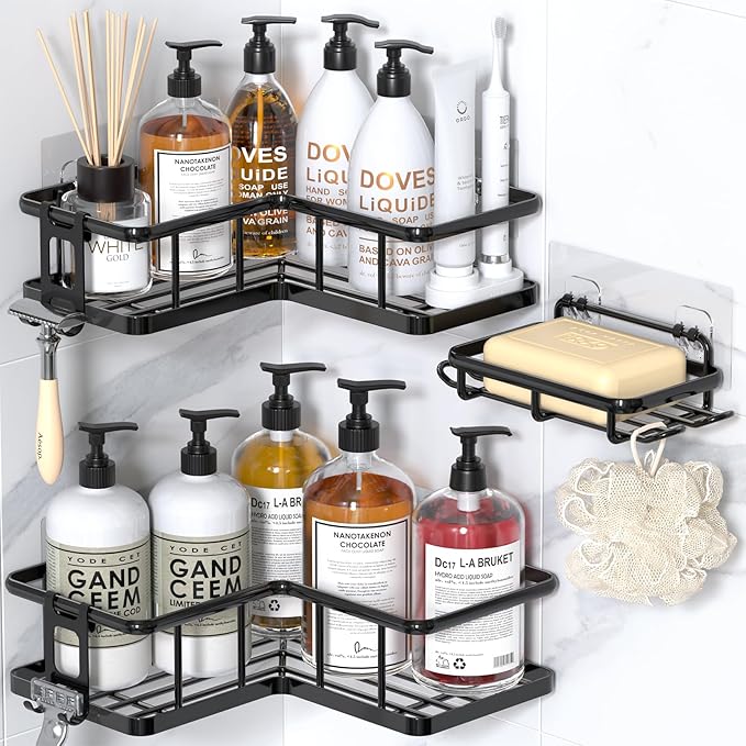 YASONIC Shower Caddy Corner, 3-Pack Adhesive Rustproof Stainless Steel Shower Shelves with Soap Holder, No Drilling Shower Organizer Corner for Dorm, Renters Bathroom, Black